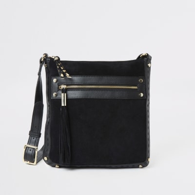 Zwarte leren crossbodytas met kwastje