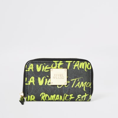 Kaki mini-portemonnee met rits rondom en graffitiprint