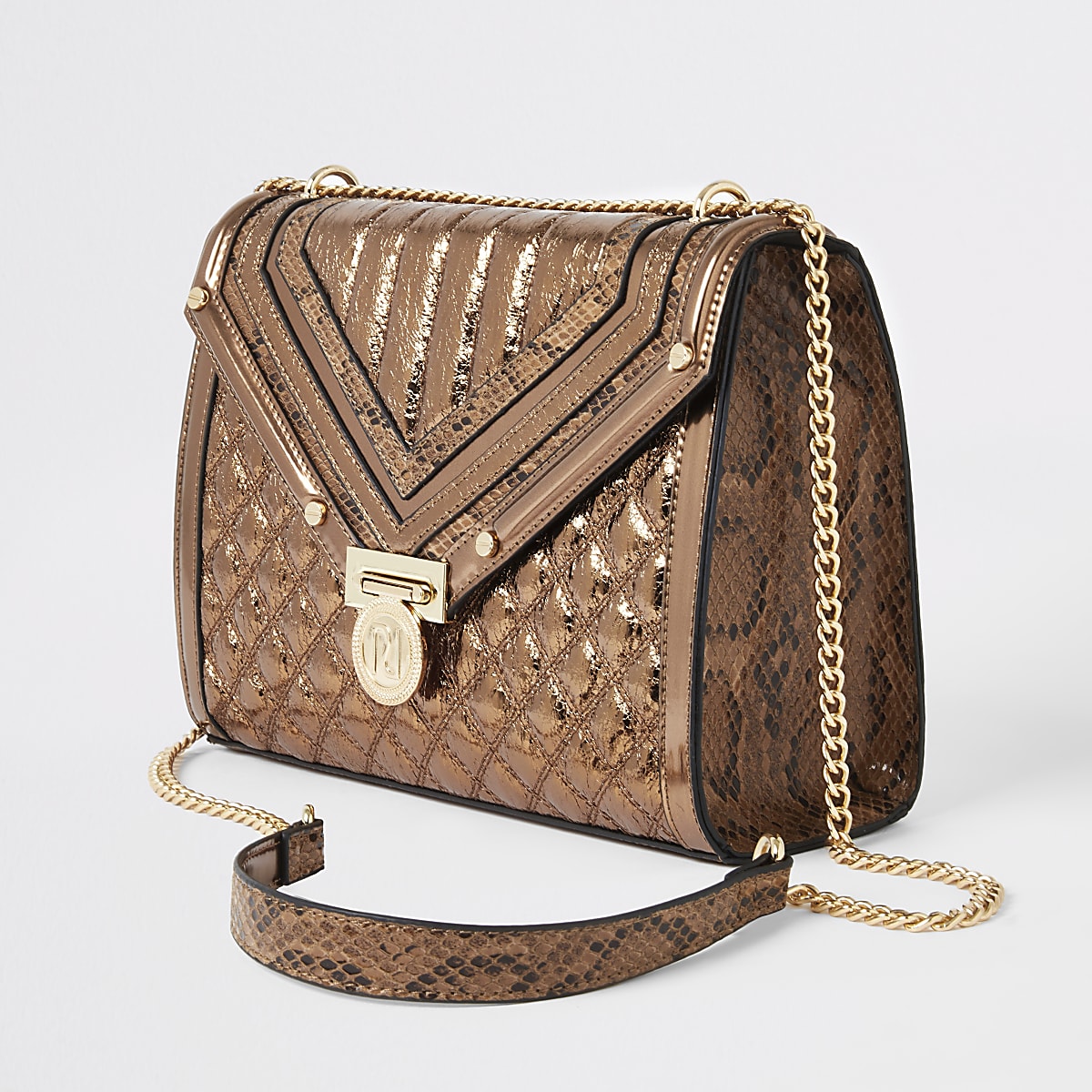Brown metallic quilted cross body bag | River Island