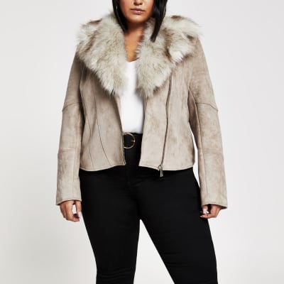 Plus beige Bikerjacke mit Kunstfellbesatz