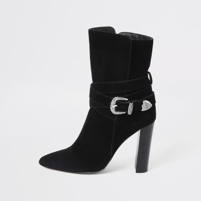 Black suede western heeled boots