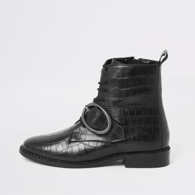 Black croc circle buckle lace-up boots