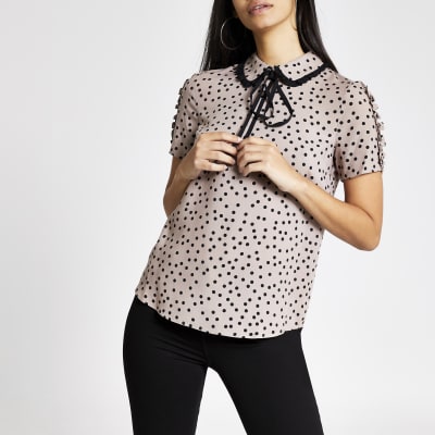 Brown polka dot contrast bow collar top