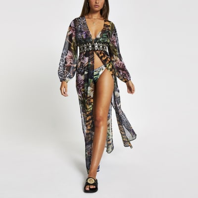 Zwarte verfraaide maxi-kaftan met print