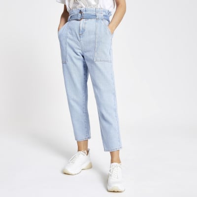 Petite – Hellblaue Paperbag-Jeans