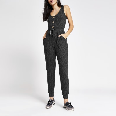 Donkergrijze geribbelde pyjama-jumpsuit