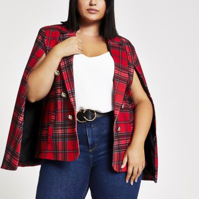 Plus – Roter Cape-Blazer im Tartan-Muster mit Emblemknöpfen