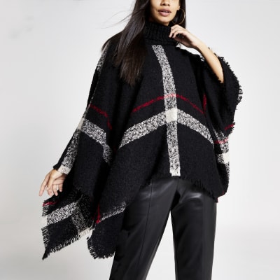 Zwarte cape met col en ruitenprint