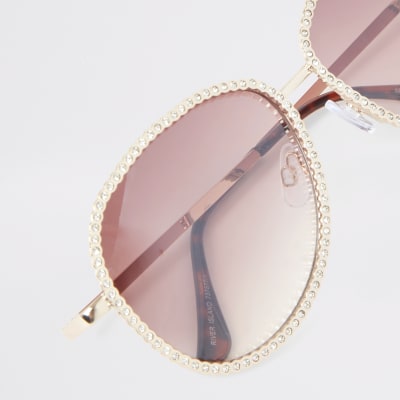 Rose gold aviator diamante trim sunglasses