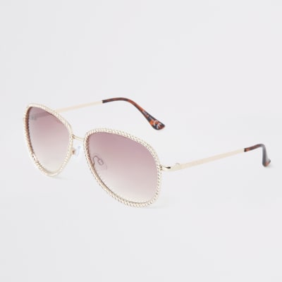 Rose gold aviator diamante trim sunglasses