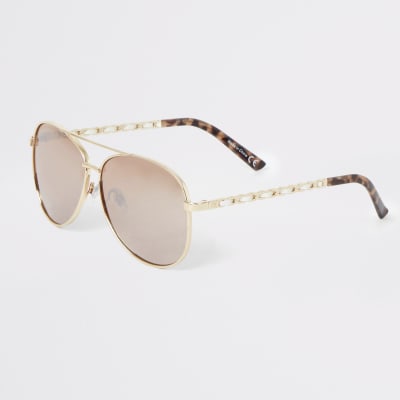 Gold tone chain trim aviator sunglasses