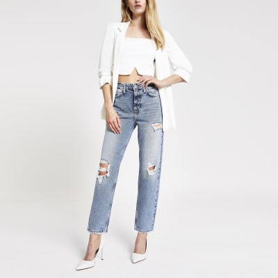 Mittelblaue Straight Jeans im Used-Look