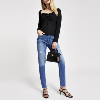 Black tie puff sleeve top