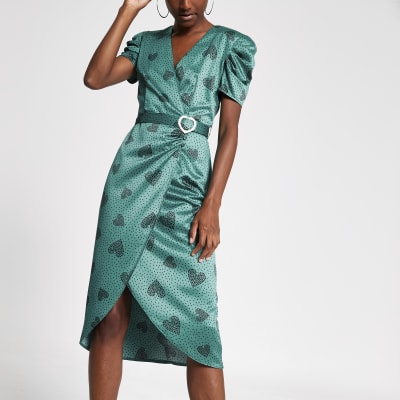 Green heart print wrap midi dress