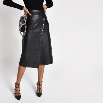 Black Faux Leather Button A Line Midi Skirt River Island