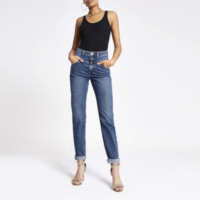 Dunkelblaue, umgeschlagene  Mom-Jeans