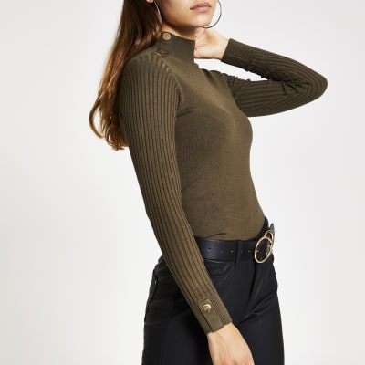 RI Petite - Kaki hoogsluitende gebreide pullover