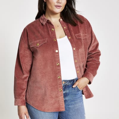 RI Plus - Roze corduroy boyfriend overhemd met lange mouwen
