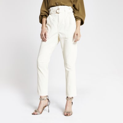 Crème broek met geplooide taille