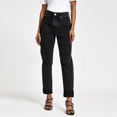 RI Petite - Zwarte mom jeans met scheuren en hoge taille