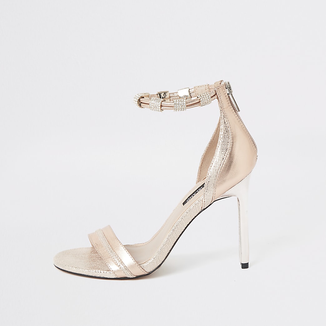 Pink high heel diamante ankle strap sandal River Island Black High Heels Diamonte