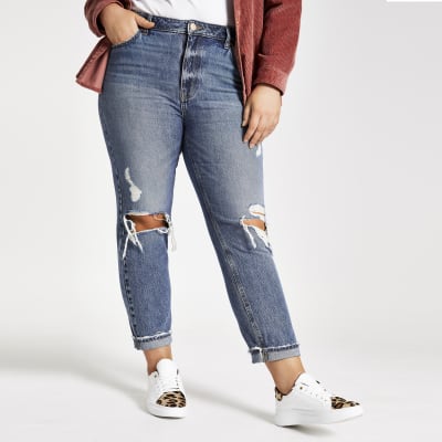 RI Plus - Middenblauwe ripped mom jeans
