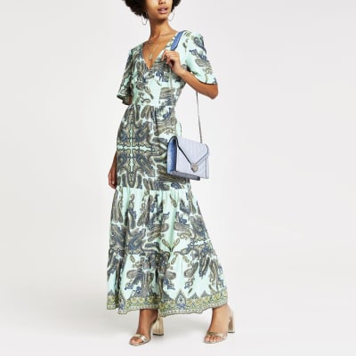 Groene paisley maxi-jurk met knoopsluiting voor