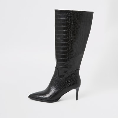 Bottes pointues talon haut noires croco