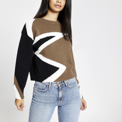 Khaki Strickpullover mit Print