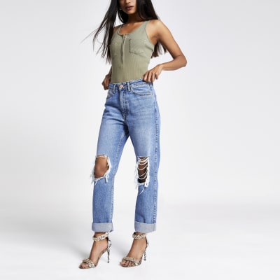 Petite – Dunkelblaue Mom-Jeans im Used-Look