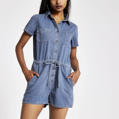 Petite mid blue denim playsuit