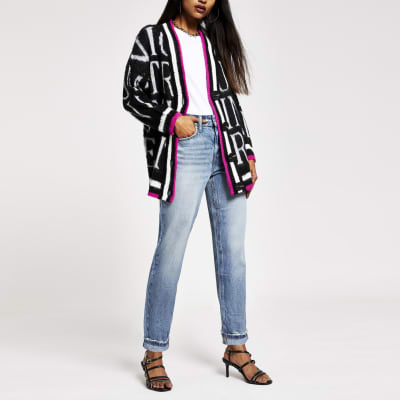 RI Petite - Zwart gebreid vest met print