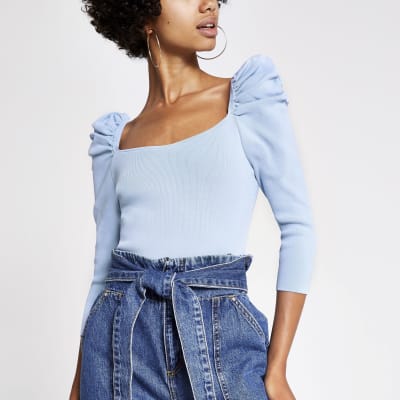 Light blue puff sleeve square neck top