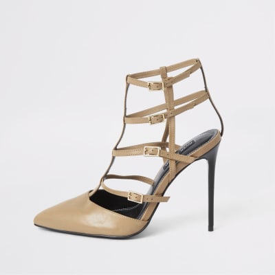 Light brown caged skinny heel court shoe
