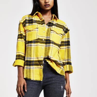 RI Petite - Geel geruit overhemd met lange mouwen