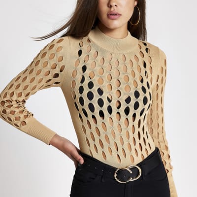 Beige gebreide top met mesh en lange mouwen