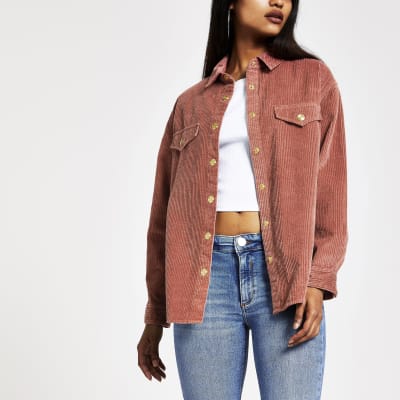 RI Petite - Roze corduroy boyfriend overhemd met lange mouwen