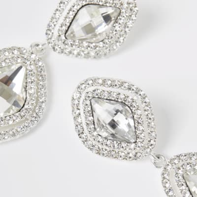 Silver colour diamante pave drop earrings
