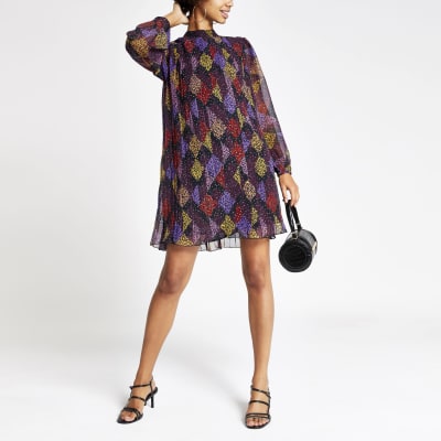 Pinkes, plissiertes Swing-Kleid mit Leoprint