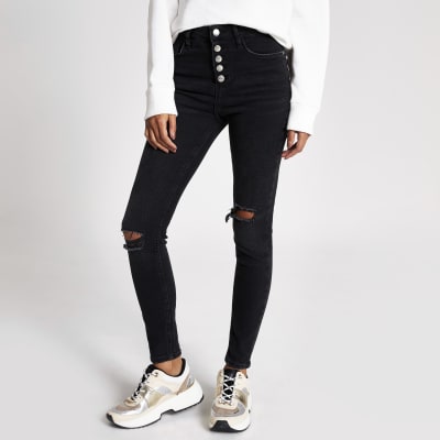 Hailey - Zwarte distressed jeans met hoge taille