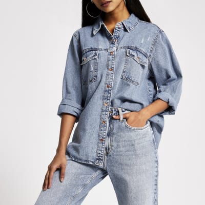 RI Petite - Middenblauw denim overhemd