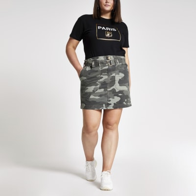Plus khaki camo paperbag utility skirt