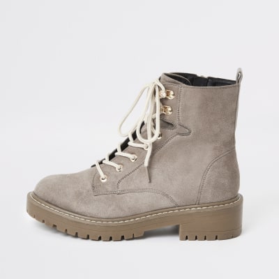 Grey wide fit chunky lace-up boots
