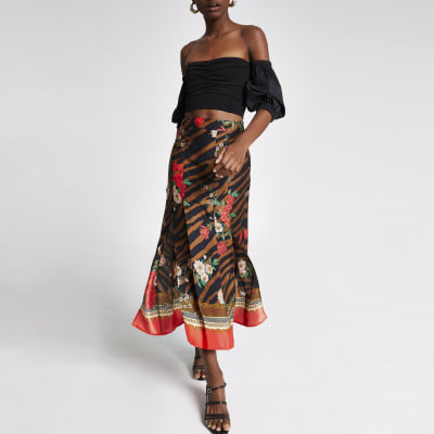 Brown zebra print midi skirt River Island