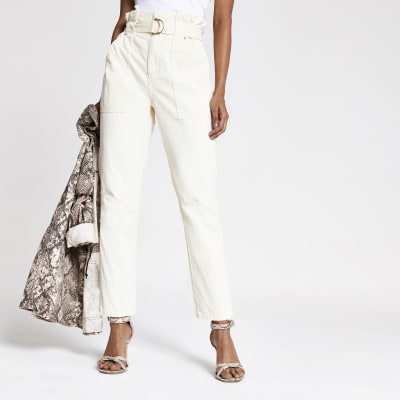 Petite – Beige Paperbag-Jeans