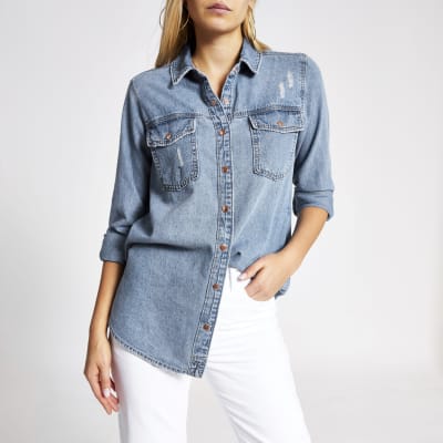 Blauw denim overhemd met lange mouwen