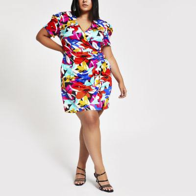 Plus red print puff sleeve mini dress