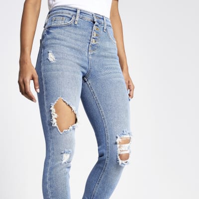 RI Petite - Hailey - Middenblauwe ripped jeans met hoge taille