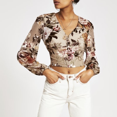Crème crop top met bloemenprint