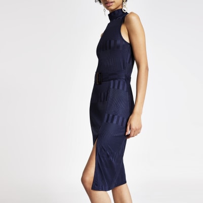 blue high neck long sleeve dress
